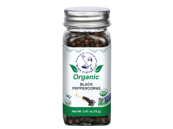 Organic Black Peppercorns Jar 70g retail Packaging